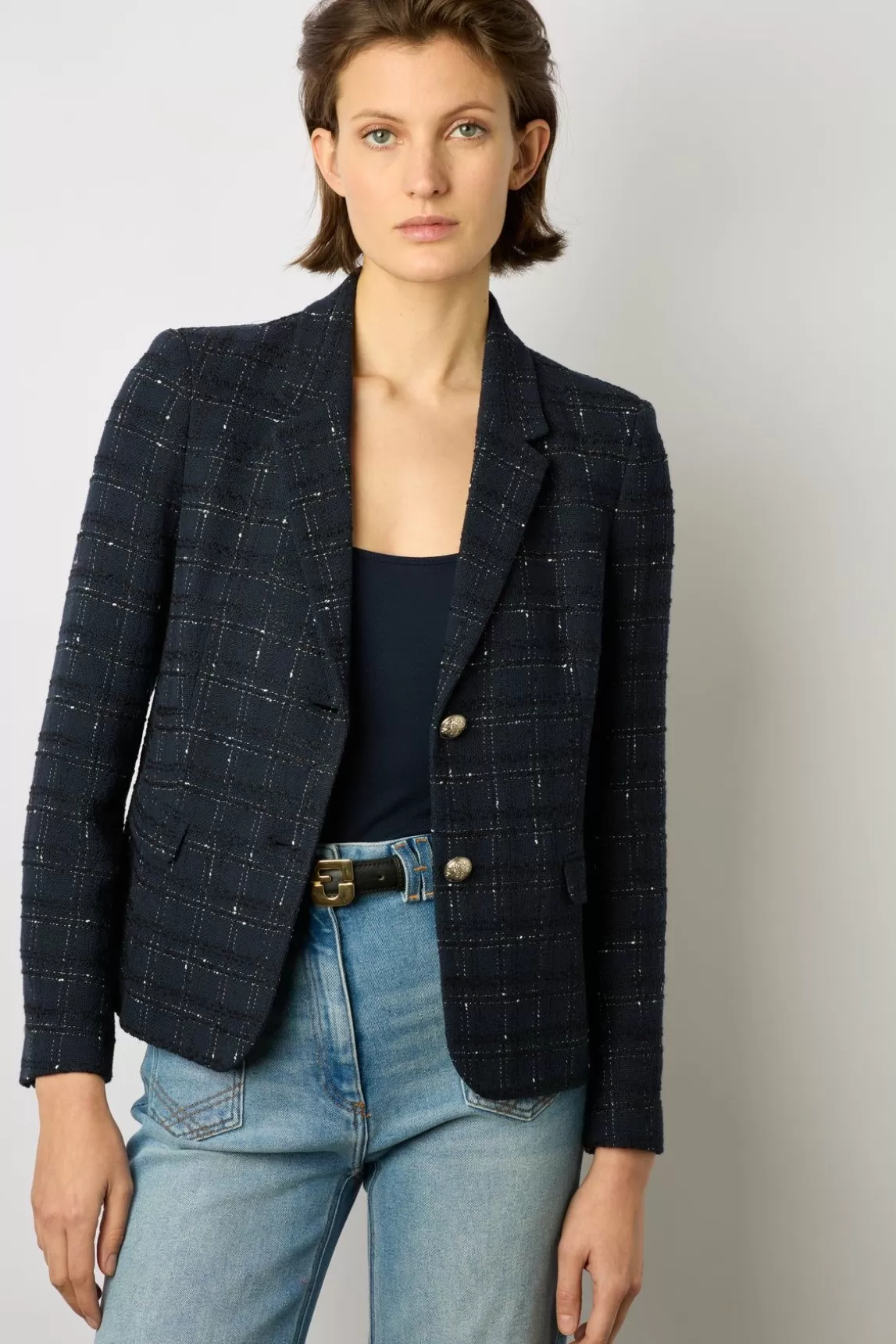 Gerard Darel Blazer En Tweed A Carreaux Marine - Bellie Store