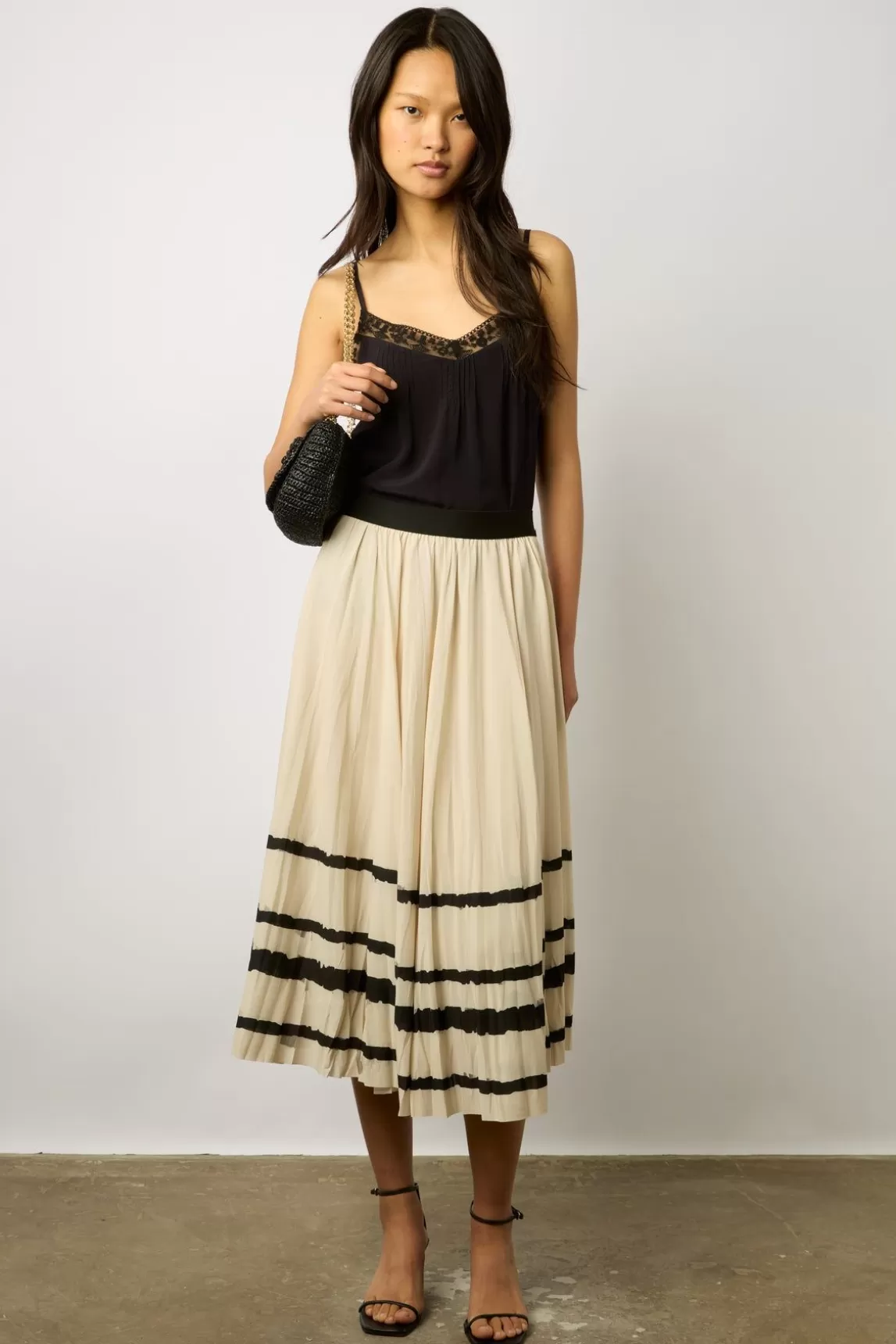 Gerard Darel Jupe Midi Plissee Rayees Ecru - Dalille Store
