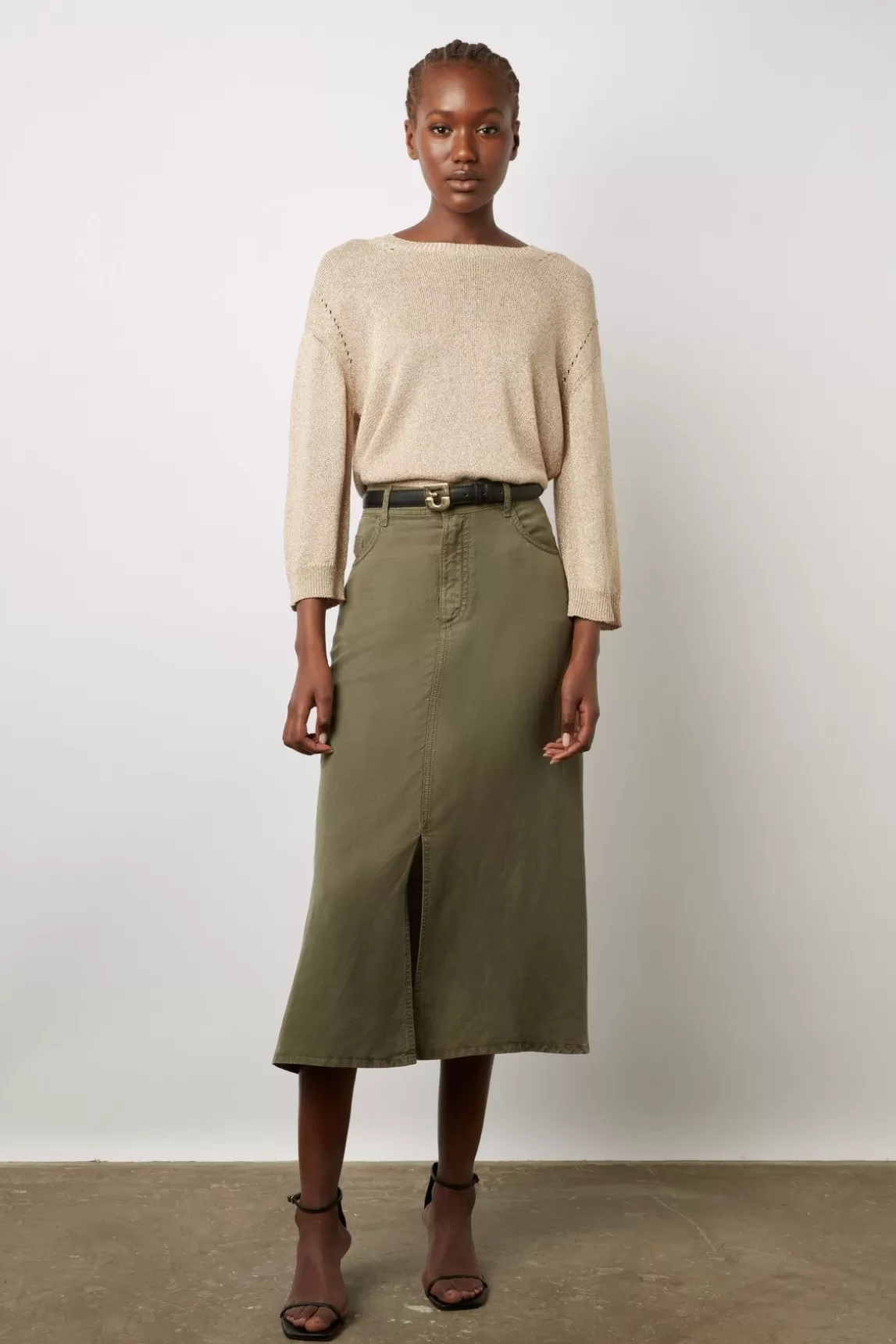 Gerard Darel Jupe Midi Unie Vert Kaki - Douria Cheap