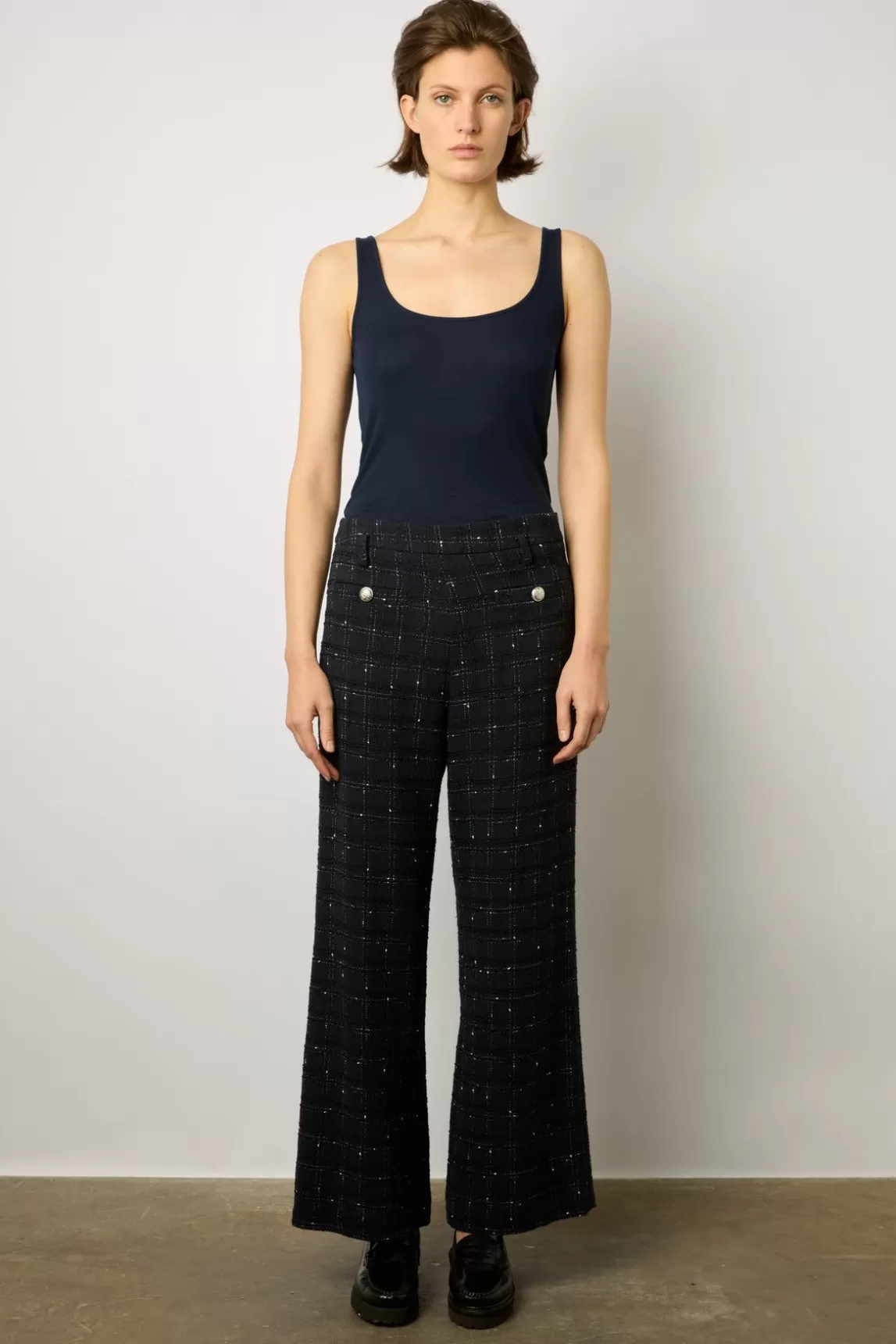 Gerard Darel Pantalon Large En Tweed Marine - Cheraze New