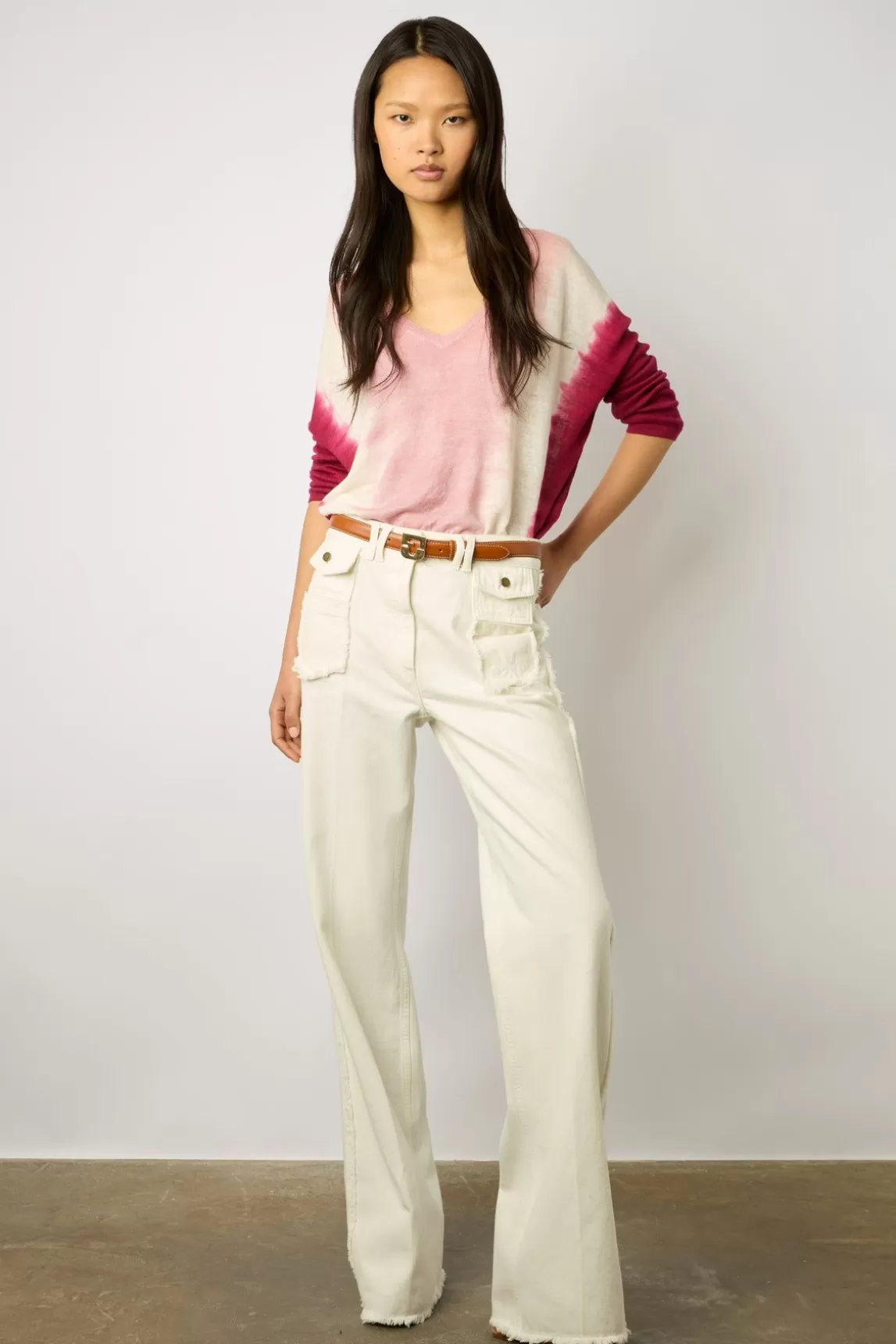 Gerard Darel Pull V Tie And Dye En Lin Rose Vif - Lamy Best
