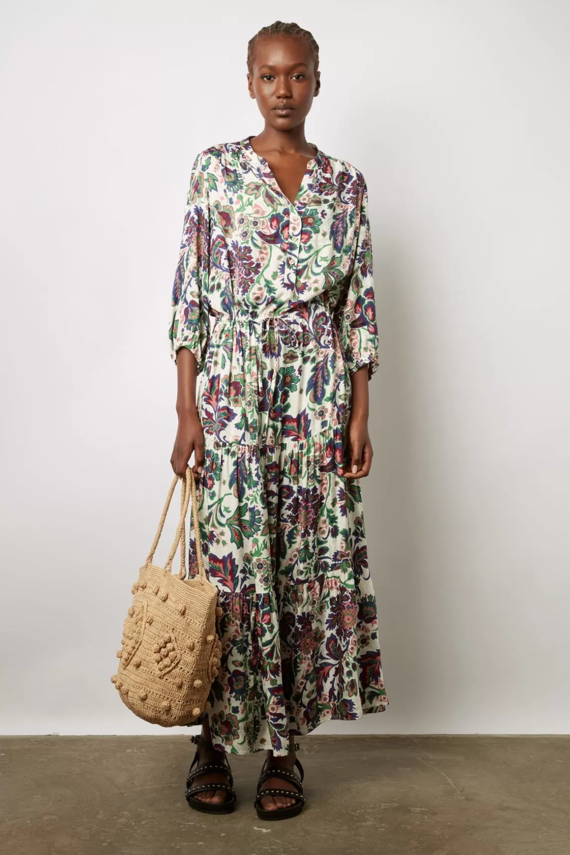 Gerard Darel Robe Longue Cintree A Fleurs Ecru - Elycia New