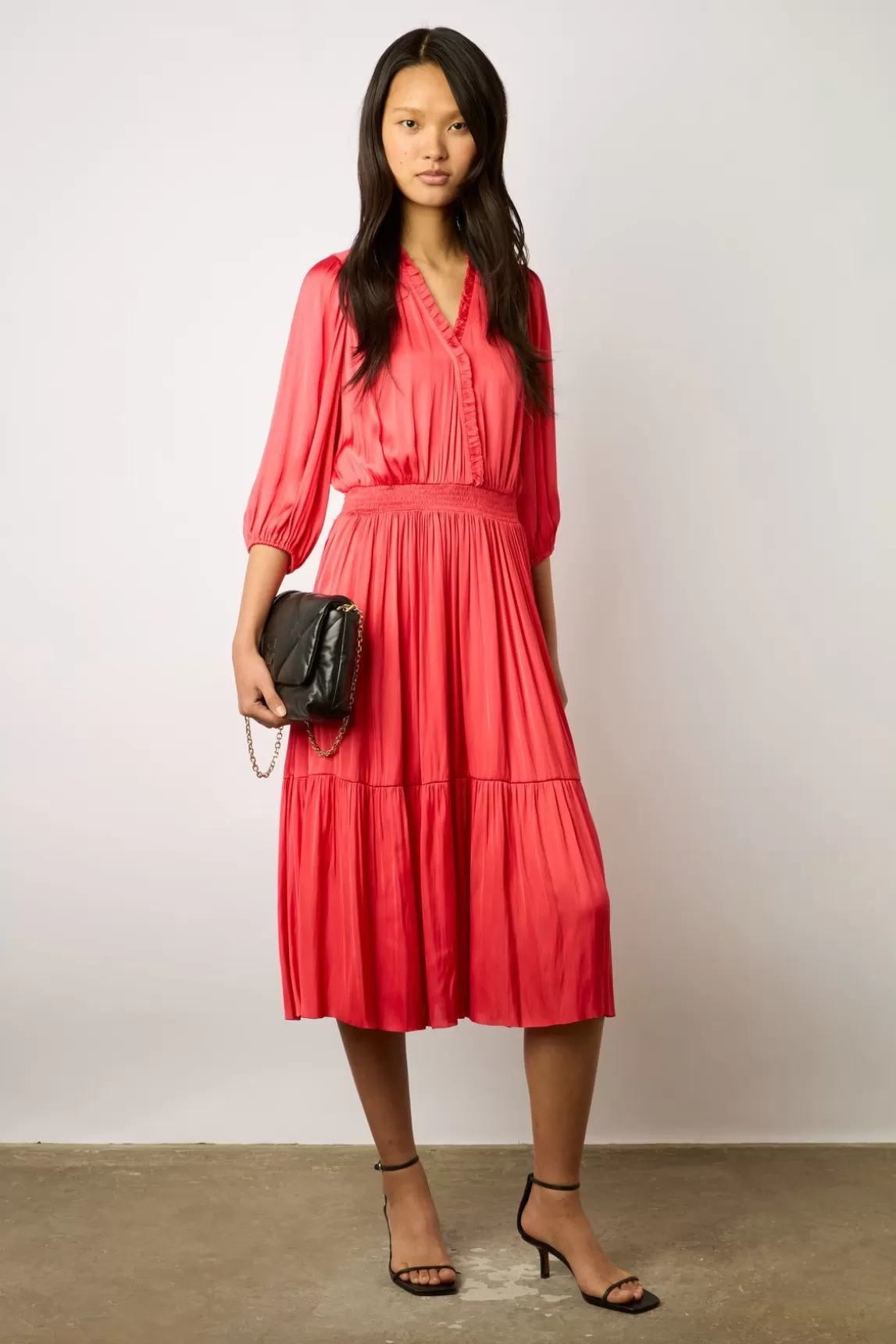 Gerard Darel Robe Midi En Satin A Volants Corail - Endy Cheap