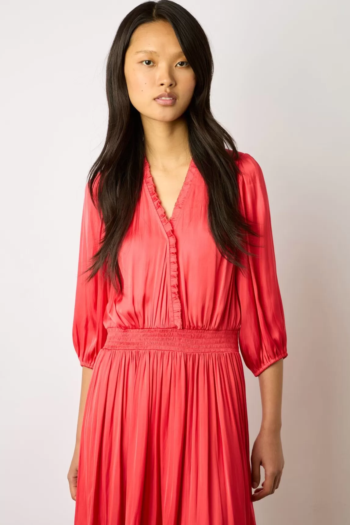 Gerard Darel Robe Midi En Satin A Volants Corail - Endy Cheap