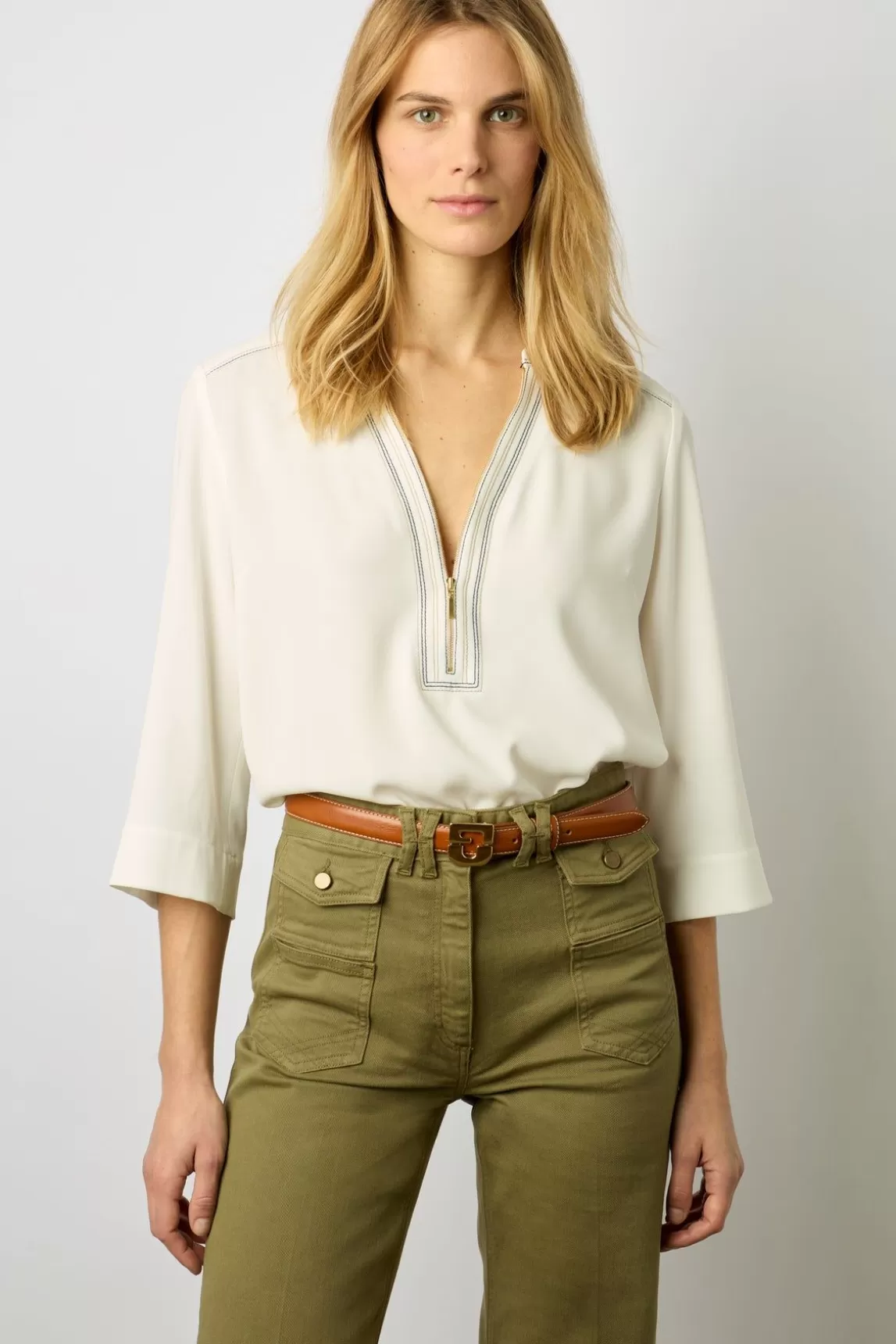 Gerard Darel Top Zippe Avec Surpiqures Ecru - Adeline Sale