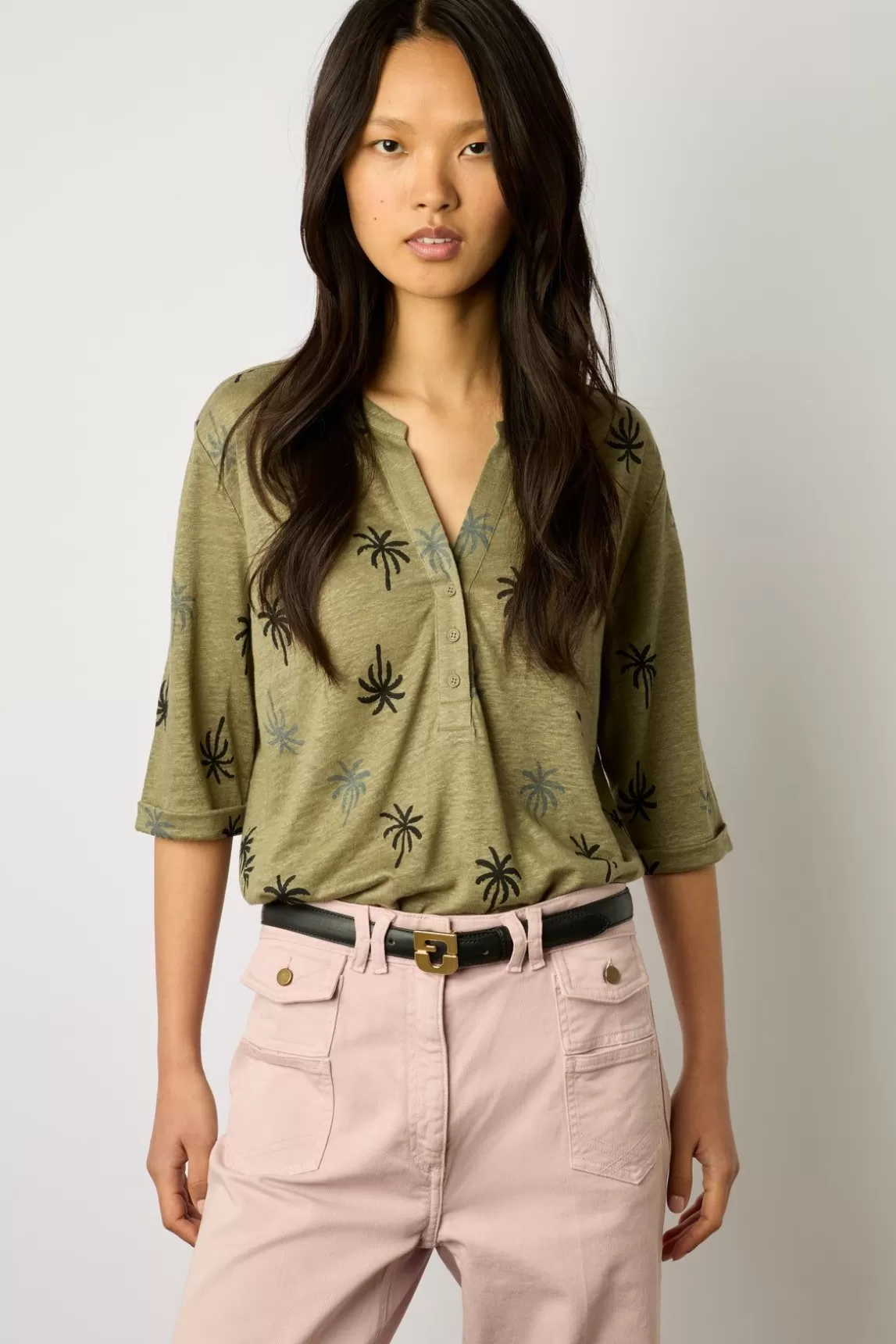 Gerard Darel Tshirt Palmier En Lin Vert Kaki - Madison Fashion