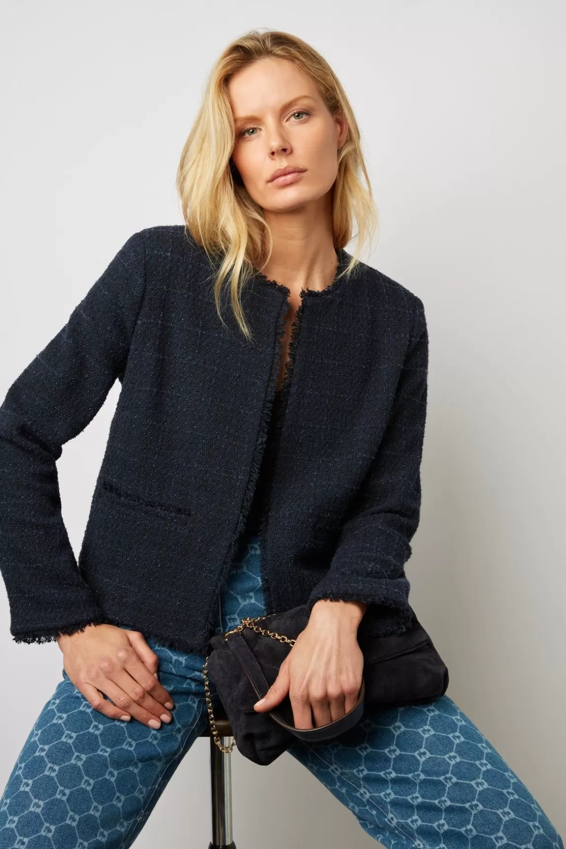 Gerard Darel Veste Courte En Tweed Marine - Bynell Online