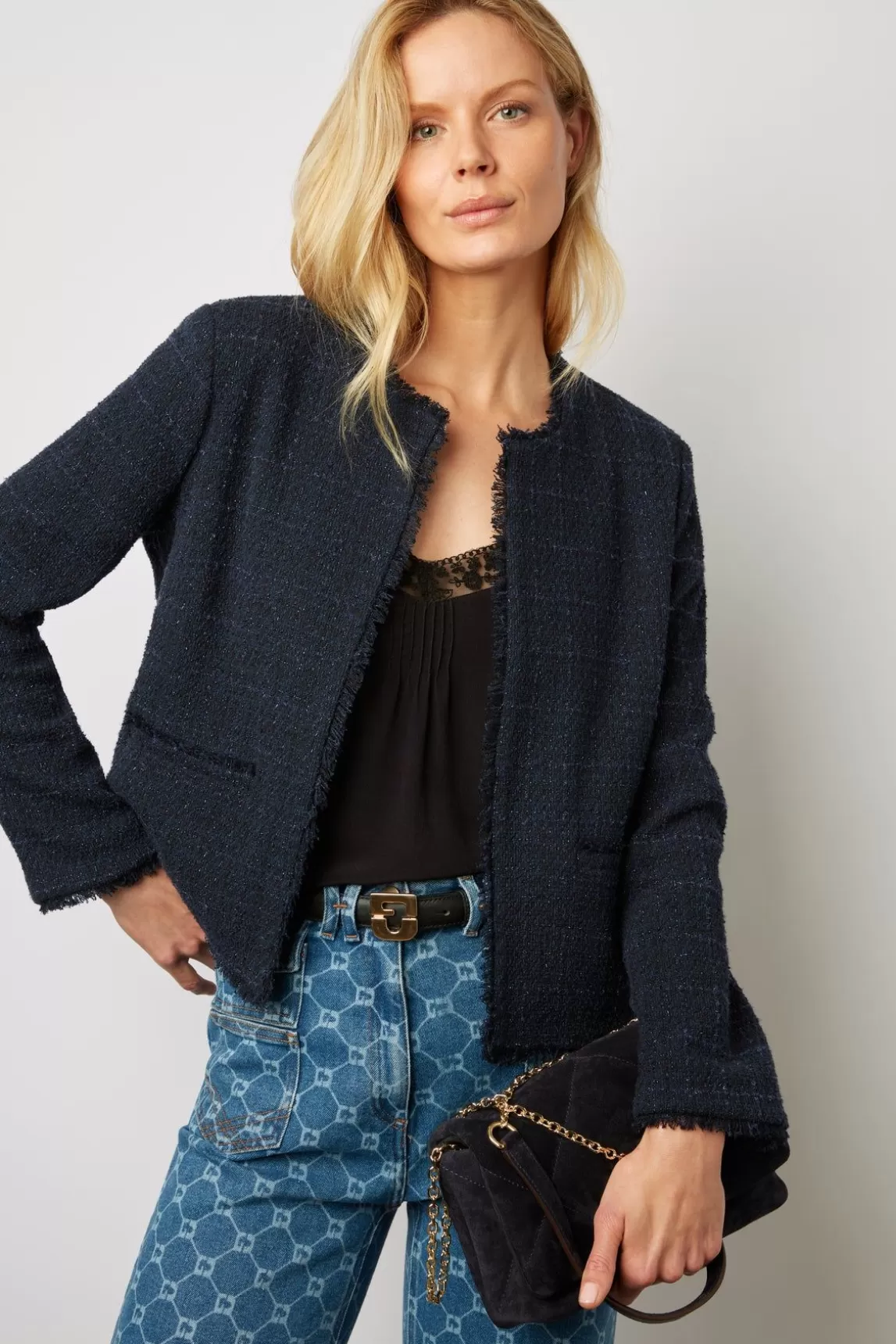 Gerard Darel Veste Courte En Tweed Marine - Bynell Online