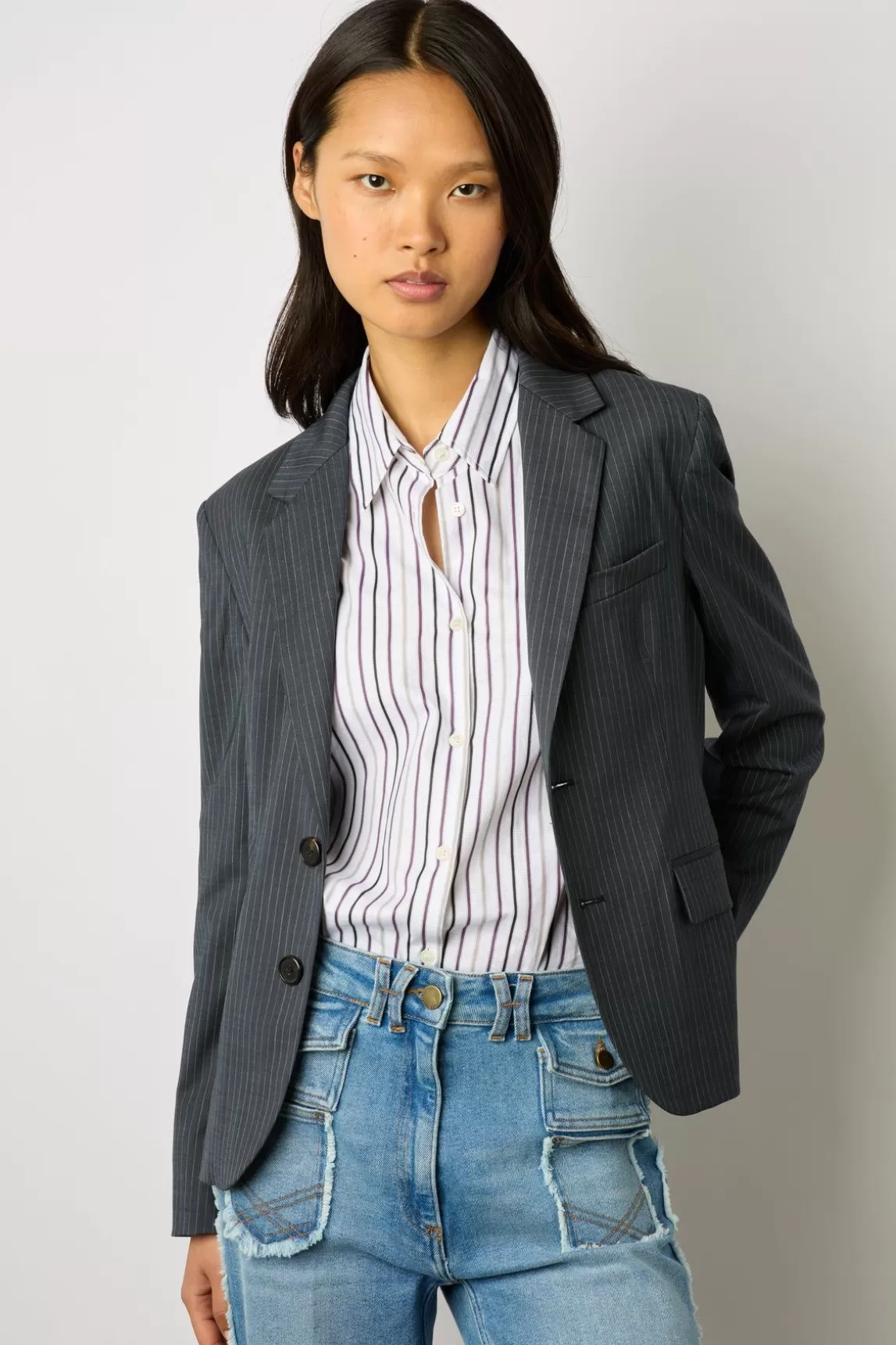 Gerard Darel Veste De Tailleur A Rayures Marine - Eddie Cheap